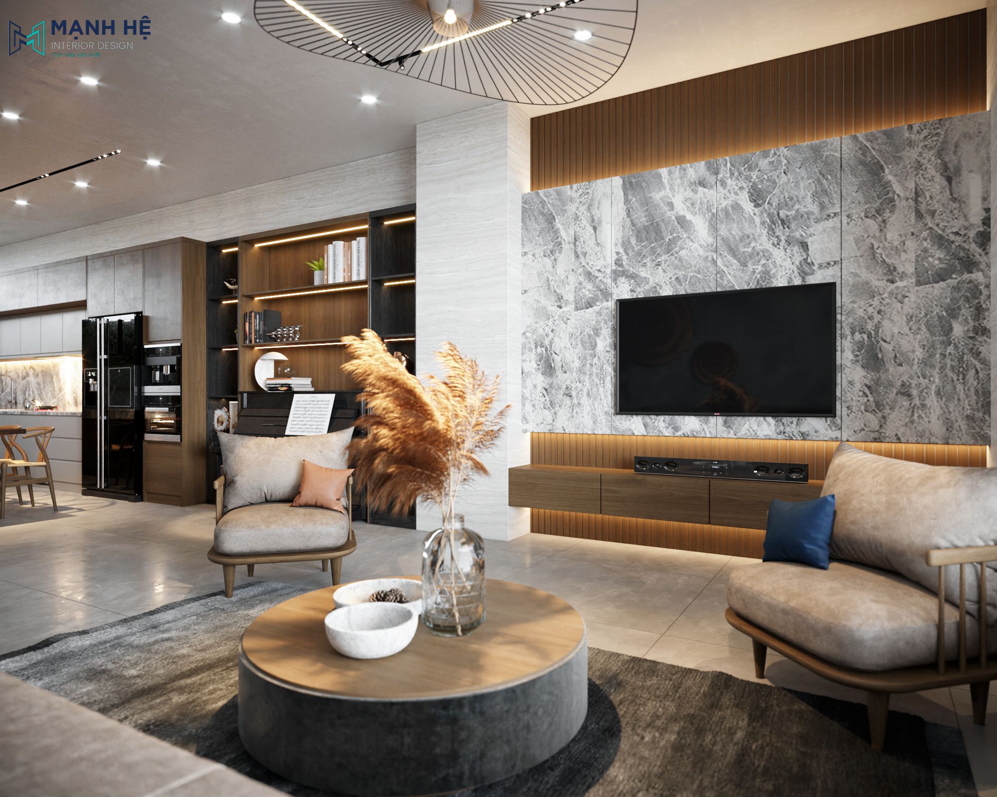 Thiết kế vách TV vân đá sang trọng kết hợp vách lam gỗ cùng đèn hắt hiện đại cho không gian