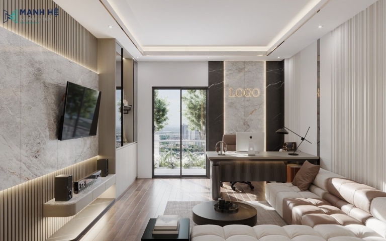 Tổng quan không gian nội thất văn phòng hiện đại với gam màu trắng kết hợp be chủ đạo