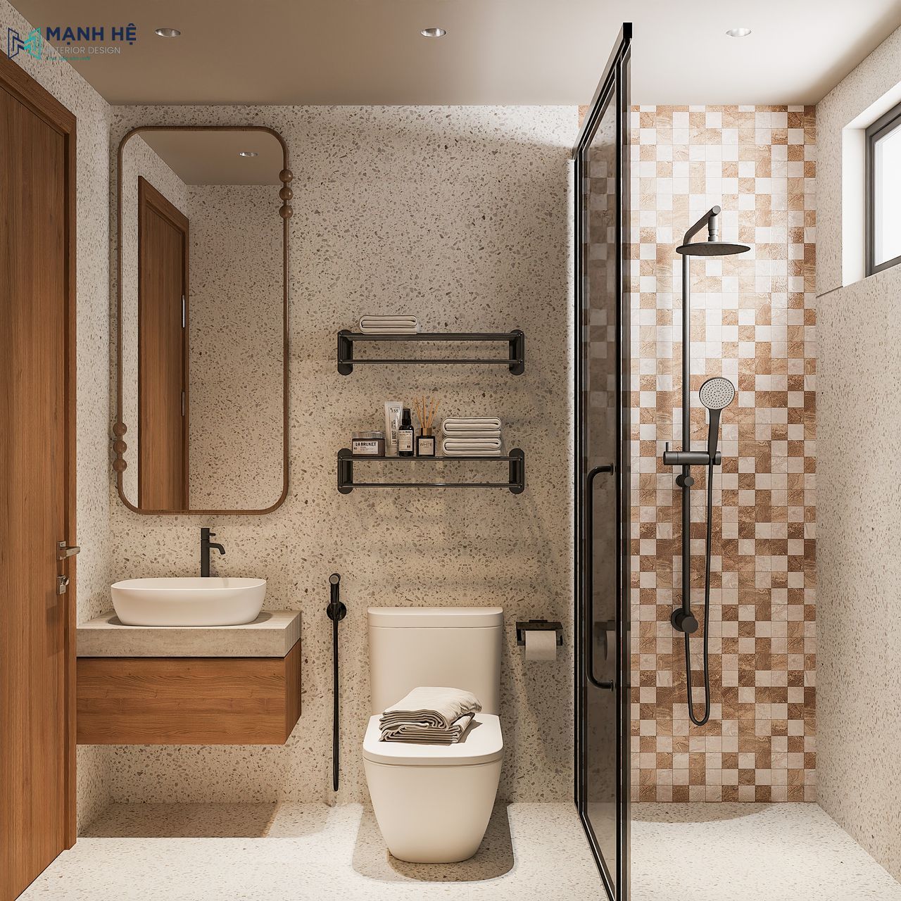 Phòng vệ sinh có tủ lavabo gỗ, vách kính ngăn khu vực tắm đứng, gạch ốp tường nâu trắng tạo điểm nhấn