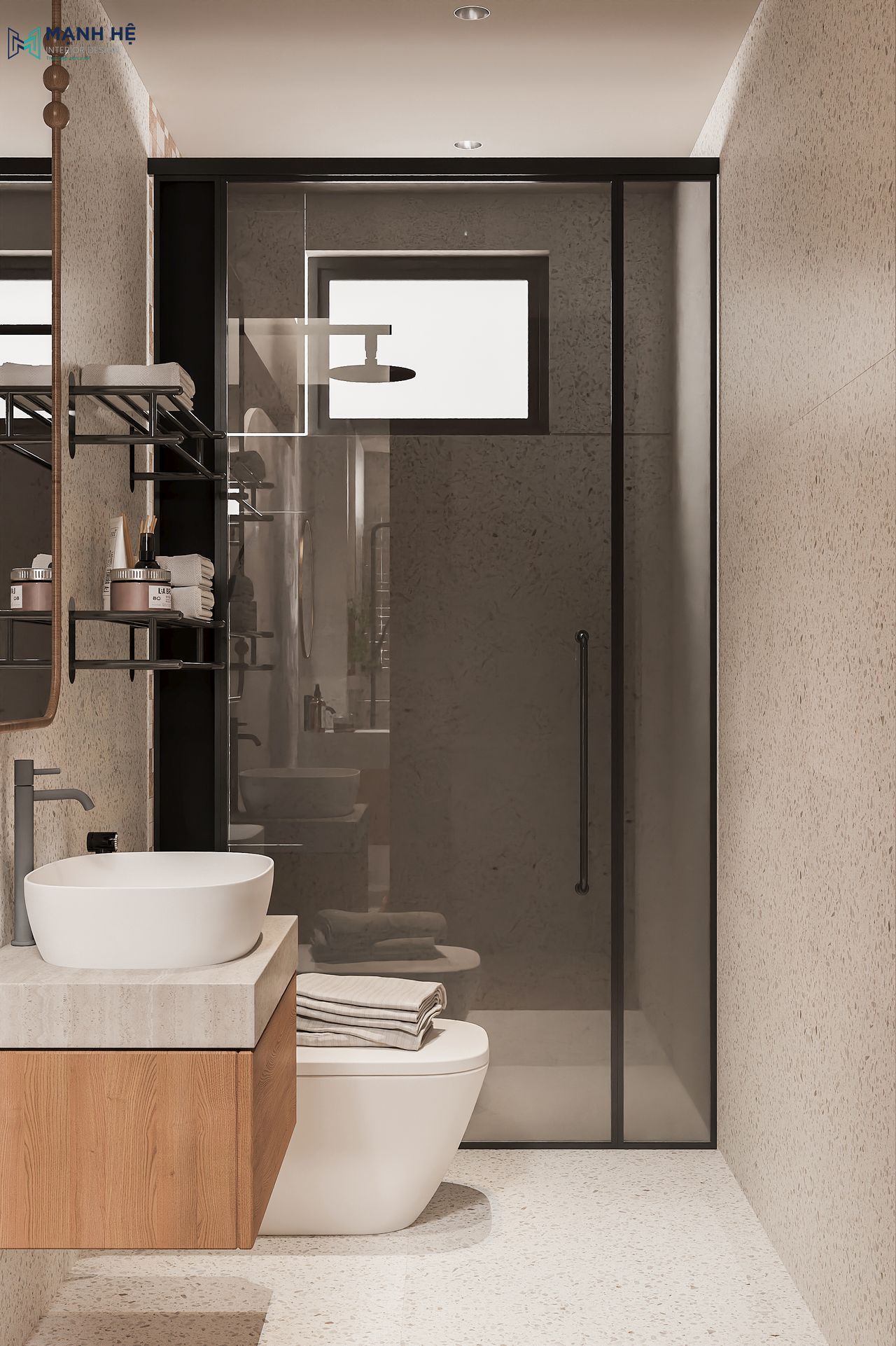 Khu vực tắm đứng với vách kính khung đen, tường ốp đá granite và cửa sổ lấy sáng tự nhiên