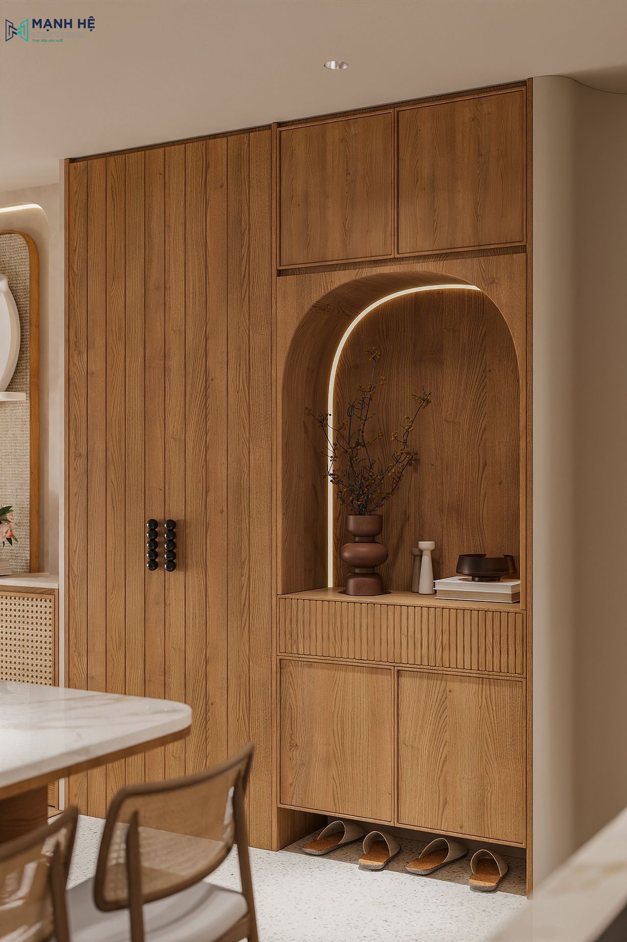 Tủ giày kịch trần tích hợp hộc trang trí có đèn LED với chất liệu gỗ, được thiết kế bo cong mộc mạc