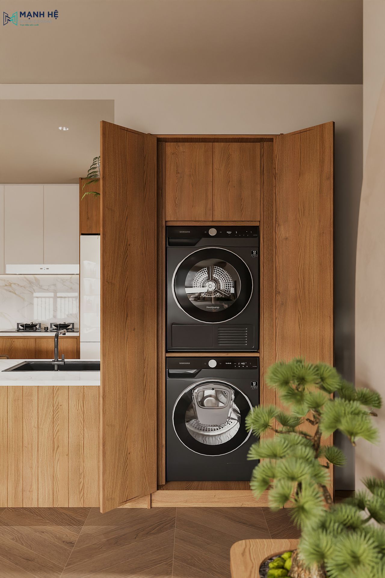 Hệ tủ giặt sấy âm tường liền với gian bếp, thiết kế tối giản bằng chất liệu gỗ đồng bộ giúp tiết kiệm diện tích