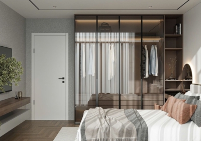 Hệ tủ quần áo cánh kính kết hợp kệ mở được và bàn trang điểm liền mạch với gam màu nâu