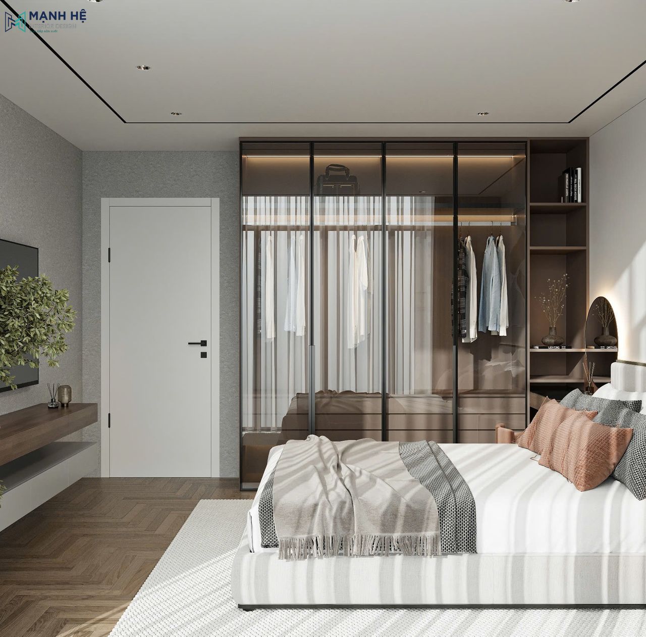 Hệ tủ quần áo cánh kính kết hợp kệ mở được và bàn trang điểm liền mạch với gam màu nâu