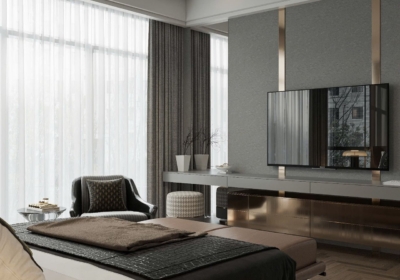 Bàn trang điểm tone xám kết hợp ghế thư giãn đặt gần cửa kính được thiết kế liền với kệ tivi treo tường tạo sự liền mạch trong không gian phòng ngủ