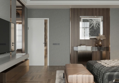 Góc trang trí trong phòng ngủ ốp gỗ làm nền cho tranh nghệ thuật, kết hợp ghế băng và kệ trang trí thiết kế vuông vức, màu sắc hài hòa với tổng thể phòng ngủ