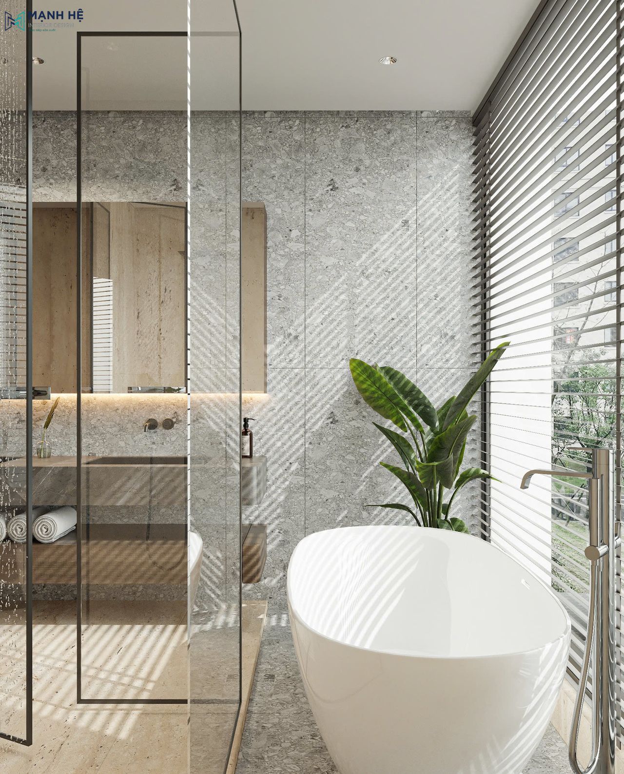 Không gian thư giãn yên tĩnh với bồn tắm độc lập, đặt cạnh cửa sổ và chậu cây xanh, mang đến trải nghiệm gần gũi thiên nhiên