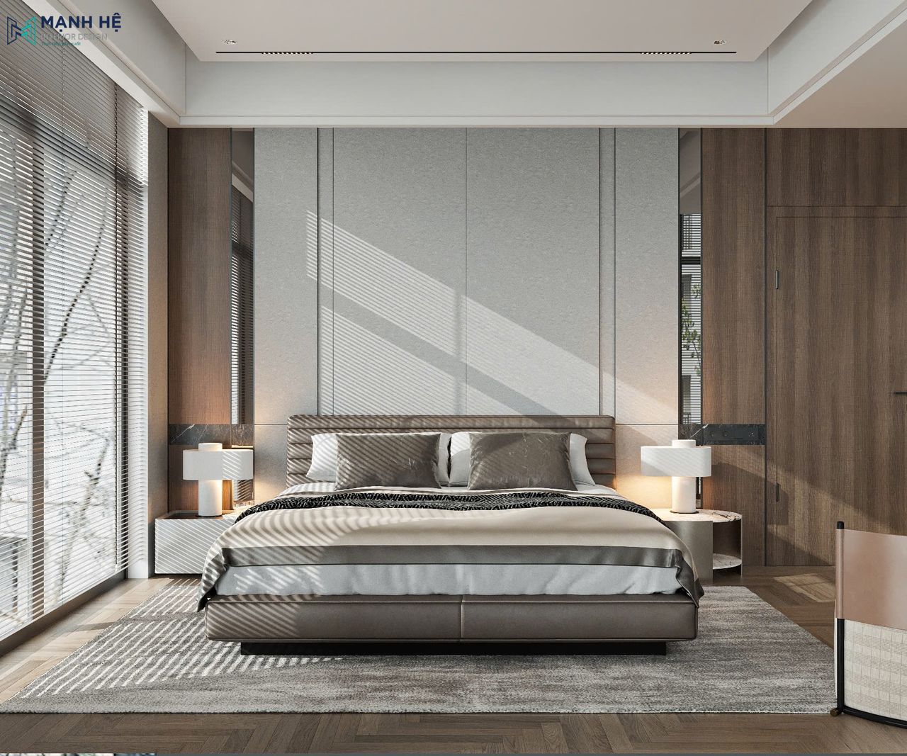 Nội thất phòng ngủ biệt thự nổi bật giường bọc da màu nâu be với vách ốp màu xám kết hợp nâu gỗ tạo chiều sâu ấm cúng, nhẹ nhàng