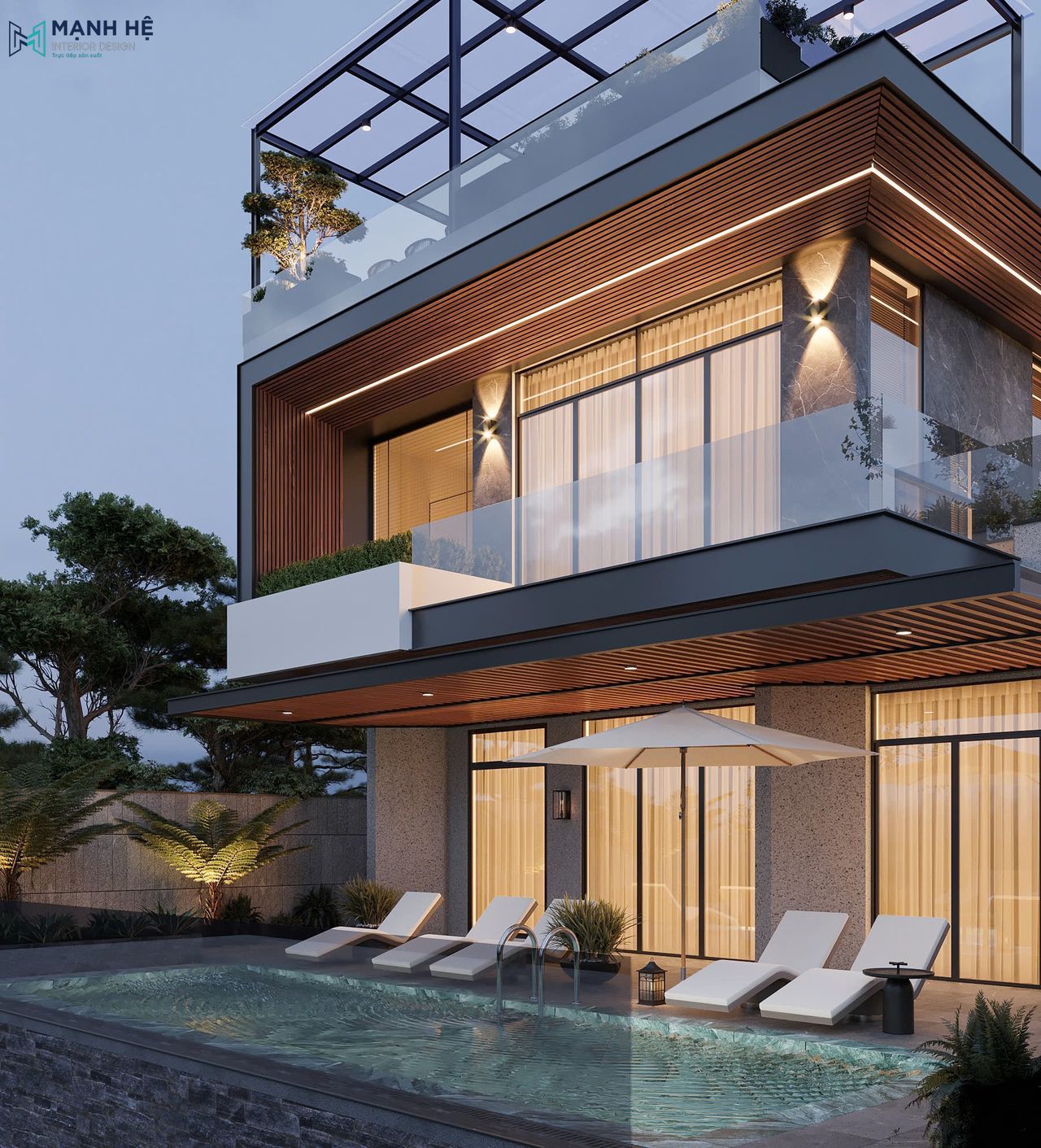 Góc nghiêng villa hiện đại với hồ bơi cùng hệ cửa kính kịch trần giúp kết nối không gian bên trong và ngoài trời kết hợp ánh sáng đèn hắt