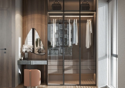 Tủ áo cửa kính lùa kết hợp bàn trang điểm gắn tường, thiết kế hiện đại với vật liệu gỗ và kính