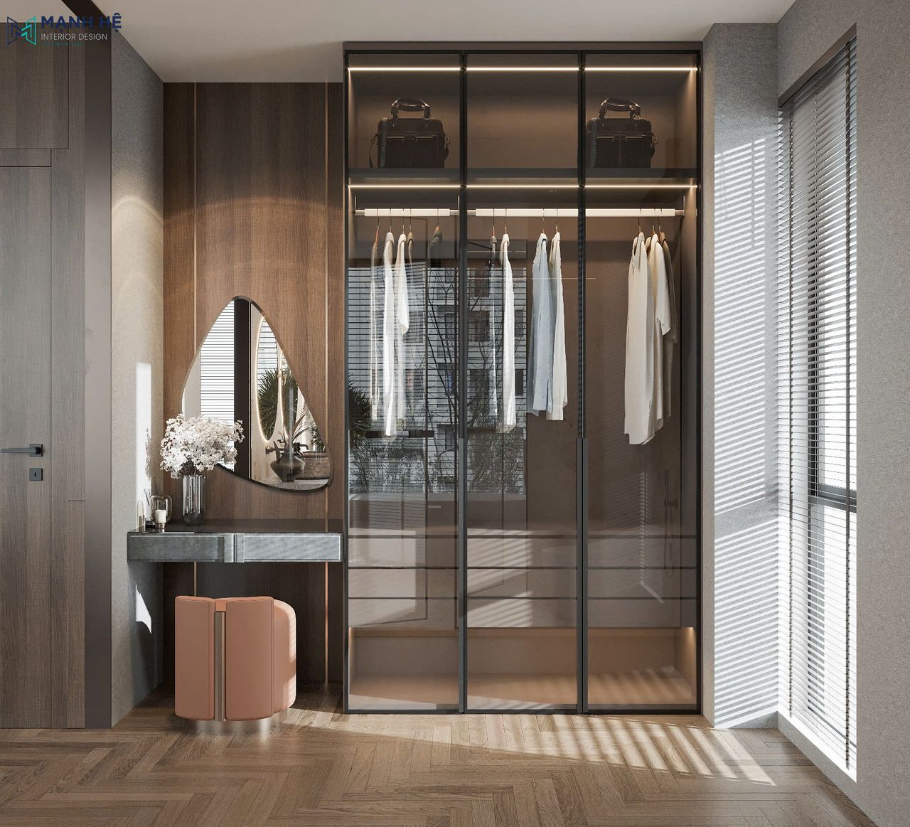 Tủ áo cửa kính lùa kết hợp bàn trang điểm gắn tường, thiết kế hiện đại với vật liệu gỗ và kính