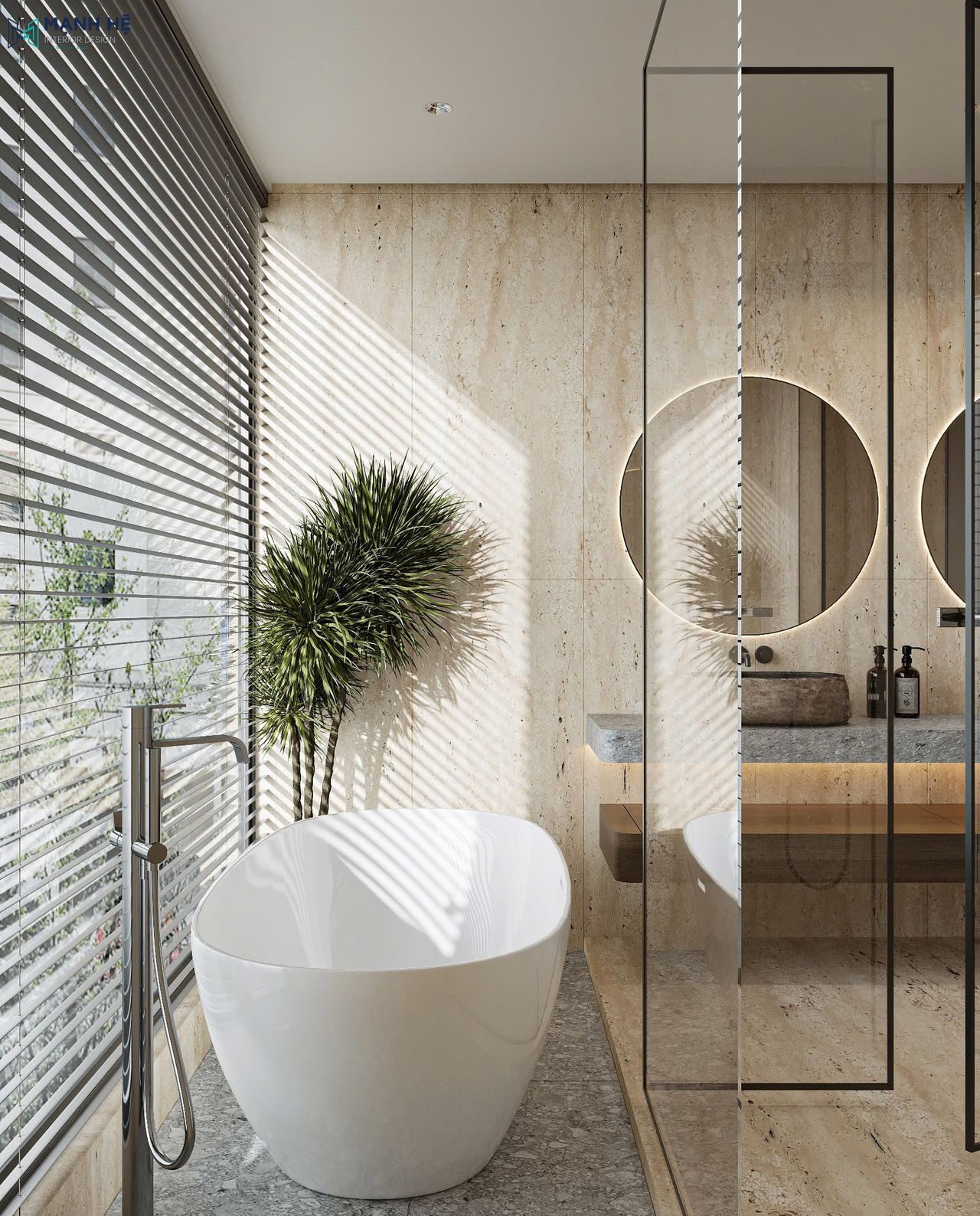 Thiết kế phòng tắm hiện đại với bồn tắm đặt gần cửa sổ và khu tắm đứng sử dụng vách kính trong suốt