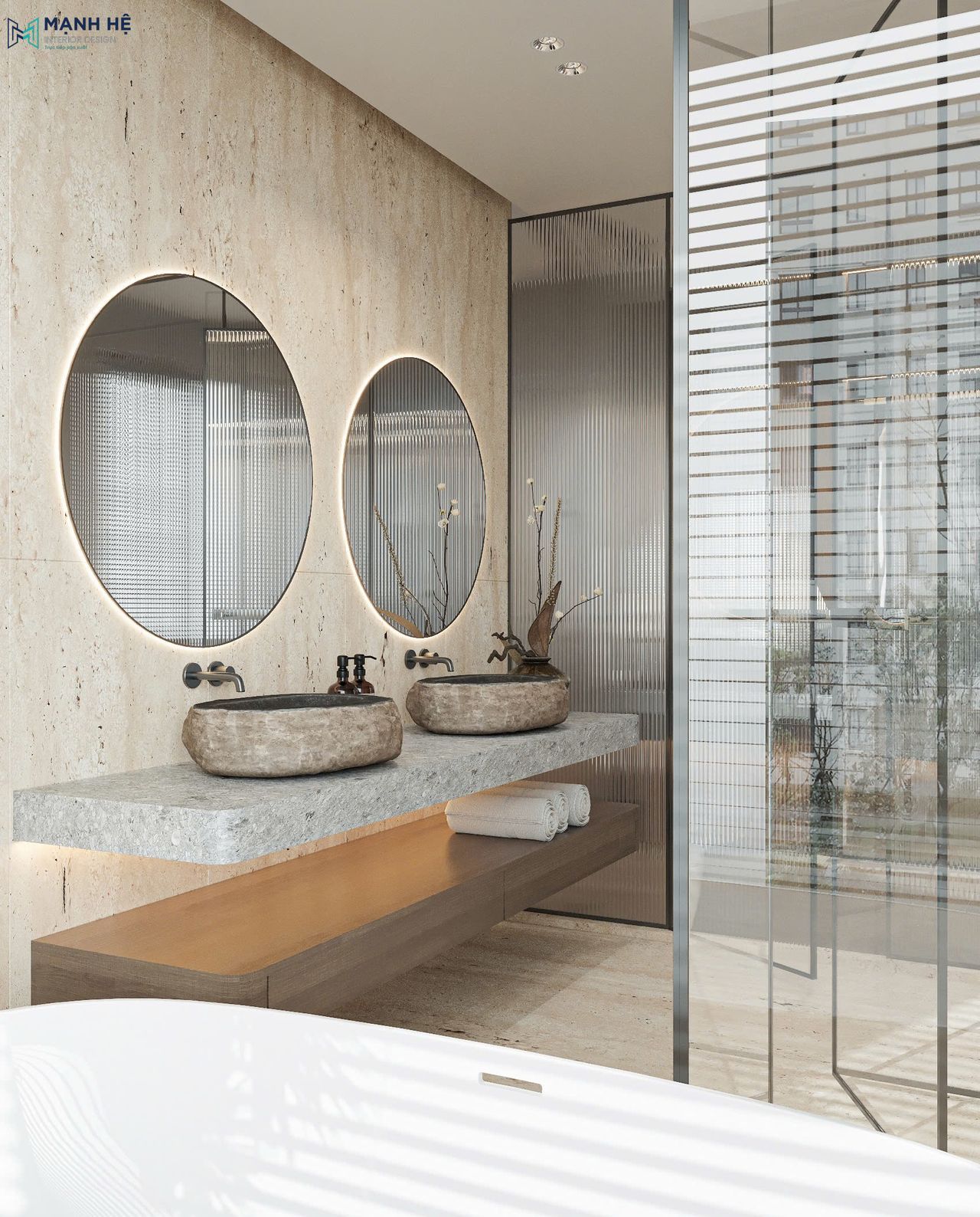 Lavabo đôi bằng đá tự nhiên đi kèm gương tròn đèn viền LED, thiết kế treo tường hiện đại mang lại tiện nghi và thẩm mỹ cho phòng tắm biệt thự