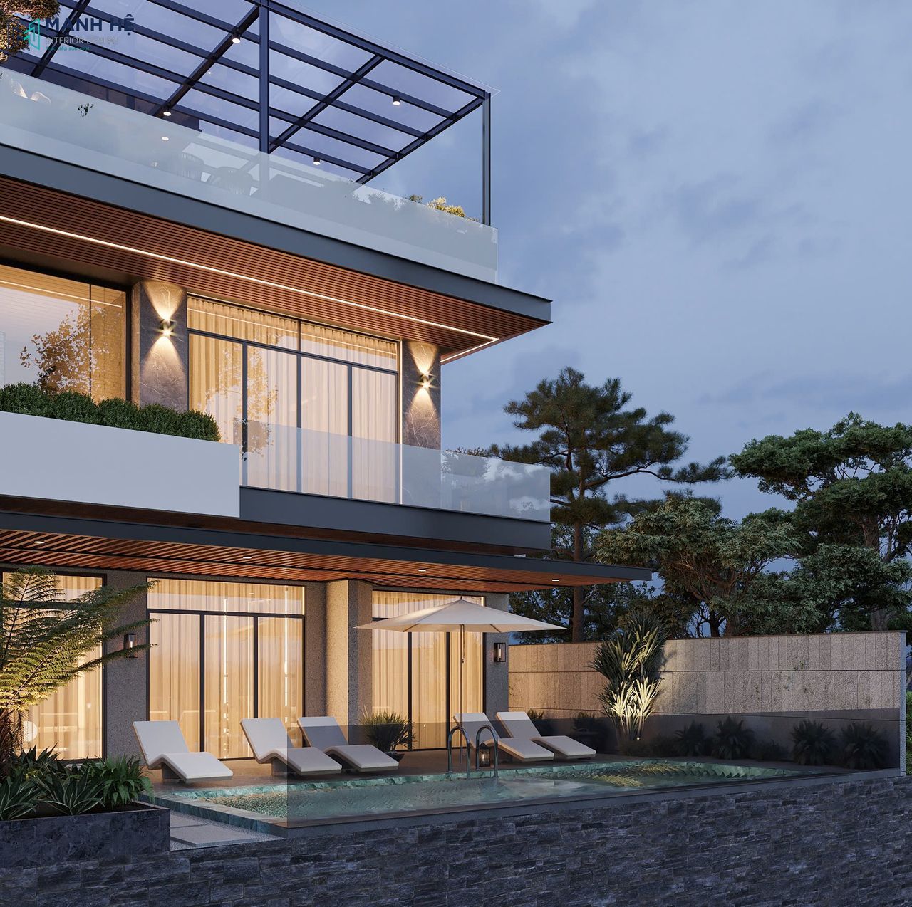 Góc nghiêng villa hiện đại với hồ bơi lát đá, hệ cửa kính giúp kết nối không gian bên trong và ngoài trời, ánh sáng đèn hắt tạo hiệu ứng nghỉ dưỡng sang trọng