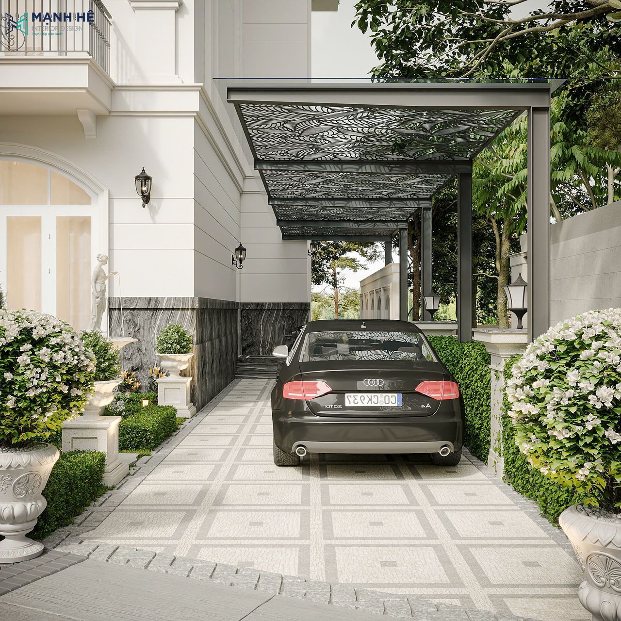 Góc nhìn khu vực đỗ xe biệt thự với mái che hoa văn kim loại và lối vào lát gạch sáng màu