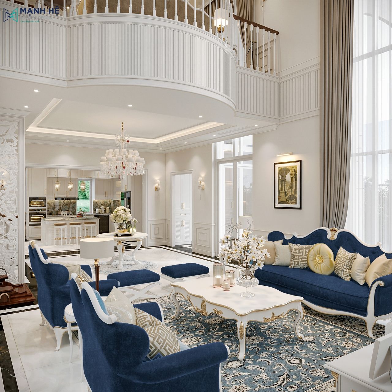 Không gian phòng khách biệt thự trần cao, liên thông với bếp và sảnh, tone trắng sáng sang trọng