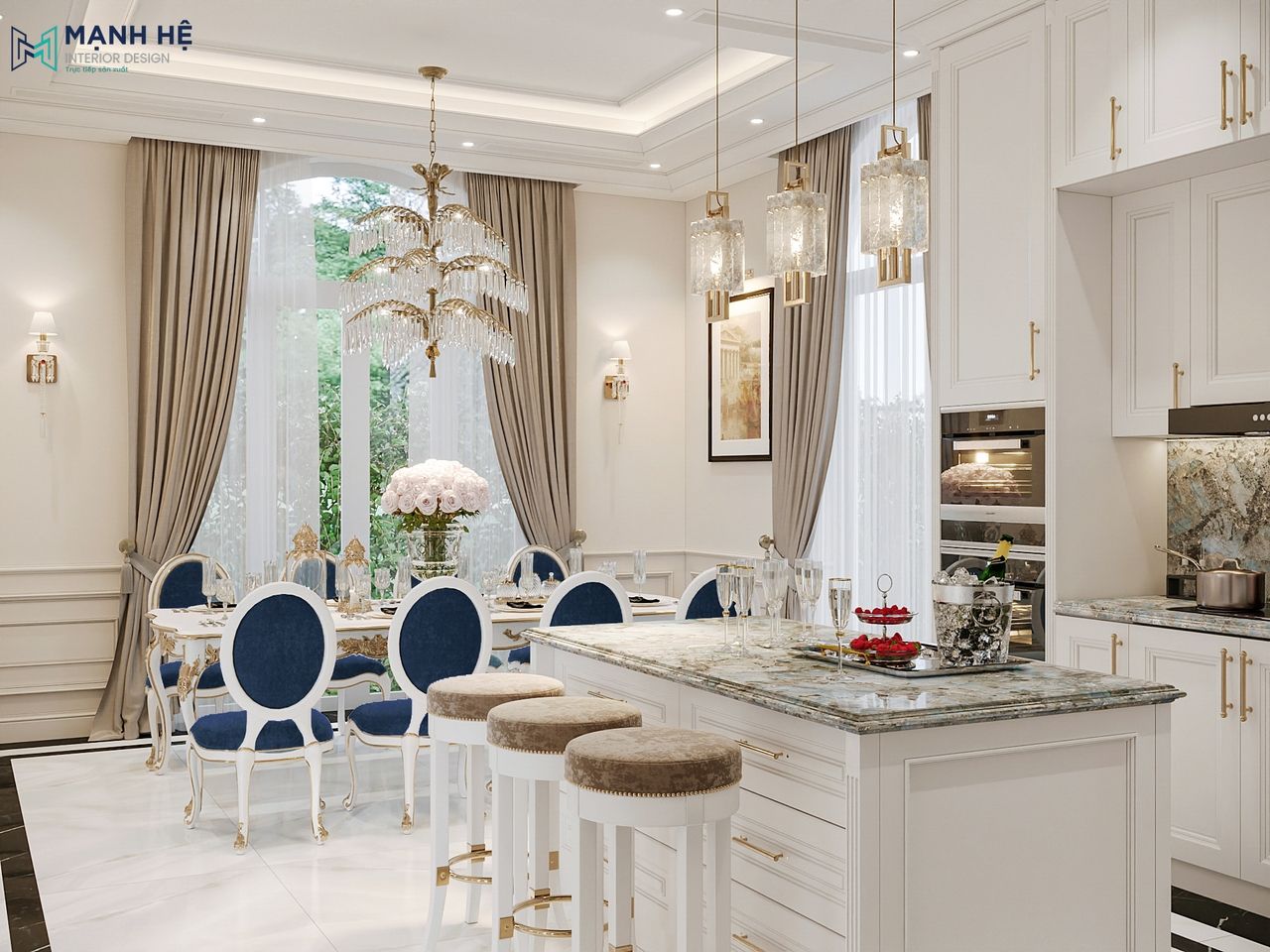 Không gian bàn ăn biệt thự tân cổ điển sang trọng với bàn ăn mặt trắng chạm trổ hoa văn vàng, ghế bọc nệm xanh navy và đèn chùm pha lê thả tầng nổi bật dưới trần giật cấp