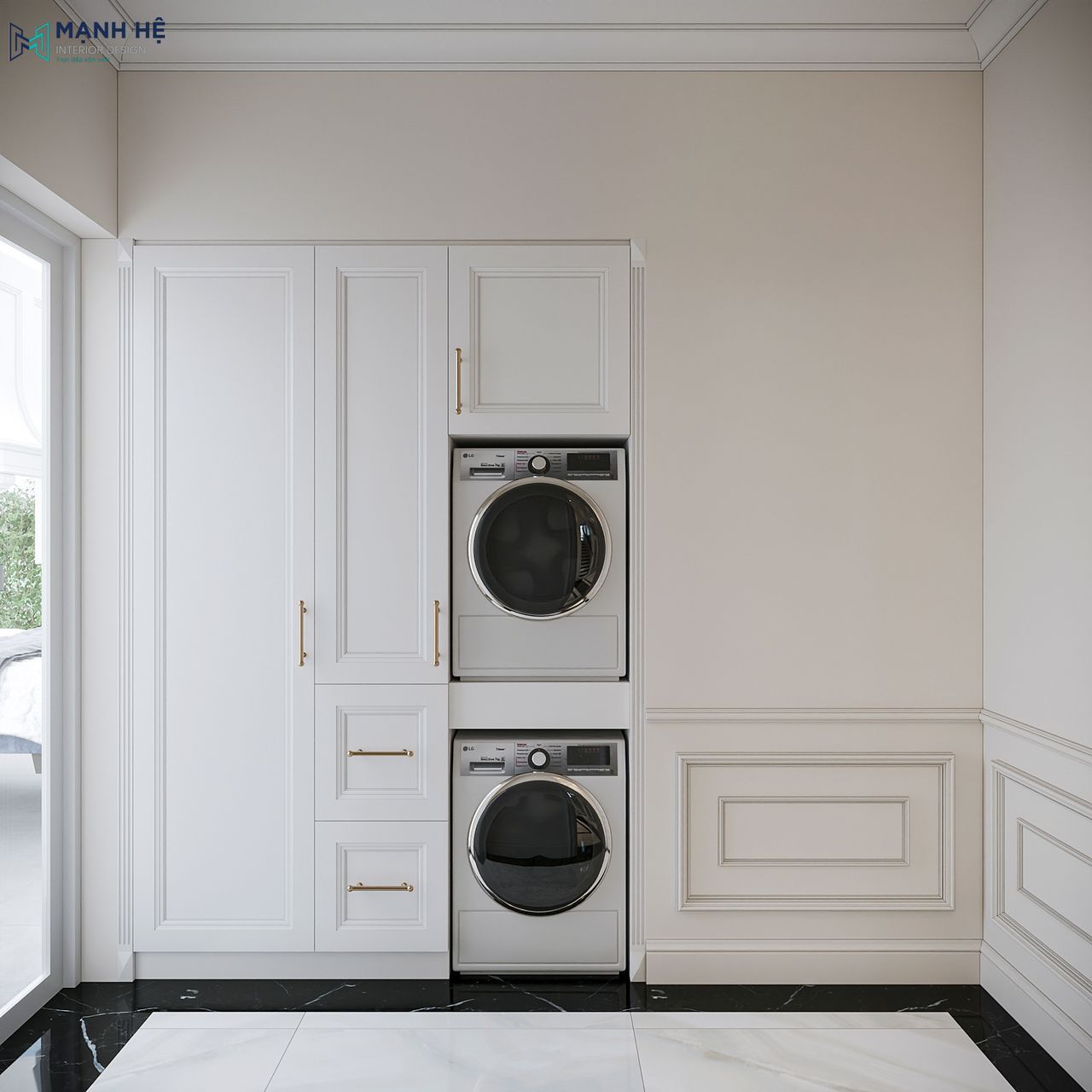 Khu vực giặt sấy trong bếp với máy giặt và máy sấy xếp chồng, thiết kế âm tủ đồng bộ với cánh tủ sơn trắng và tay nắm mạ vàng.