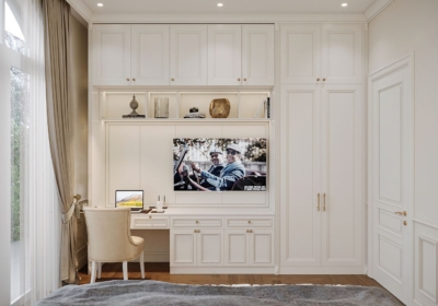 Tủ âm tường kết hợp bàn làm việc nhỏ gọn và kệ trang trí trong phòng ngủ, thiết kế tối ưu công năng cho người lớn tuổi