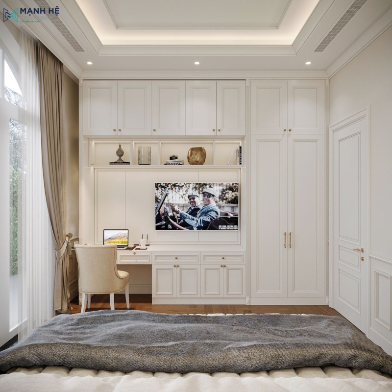 Tủ âm tường kết hợp bàn làm việc nhỏ gọn và kệ trang trí trong phòng ngủ, thiết kế tối ưu công năng cho người lớn tuổi