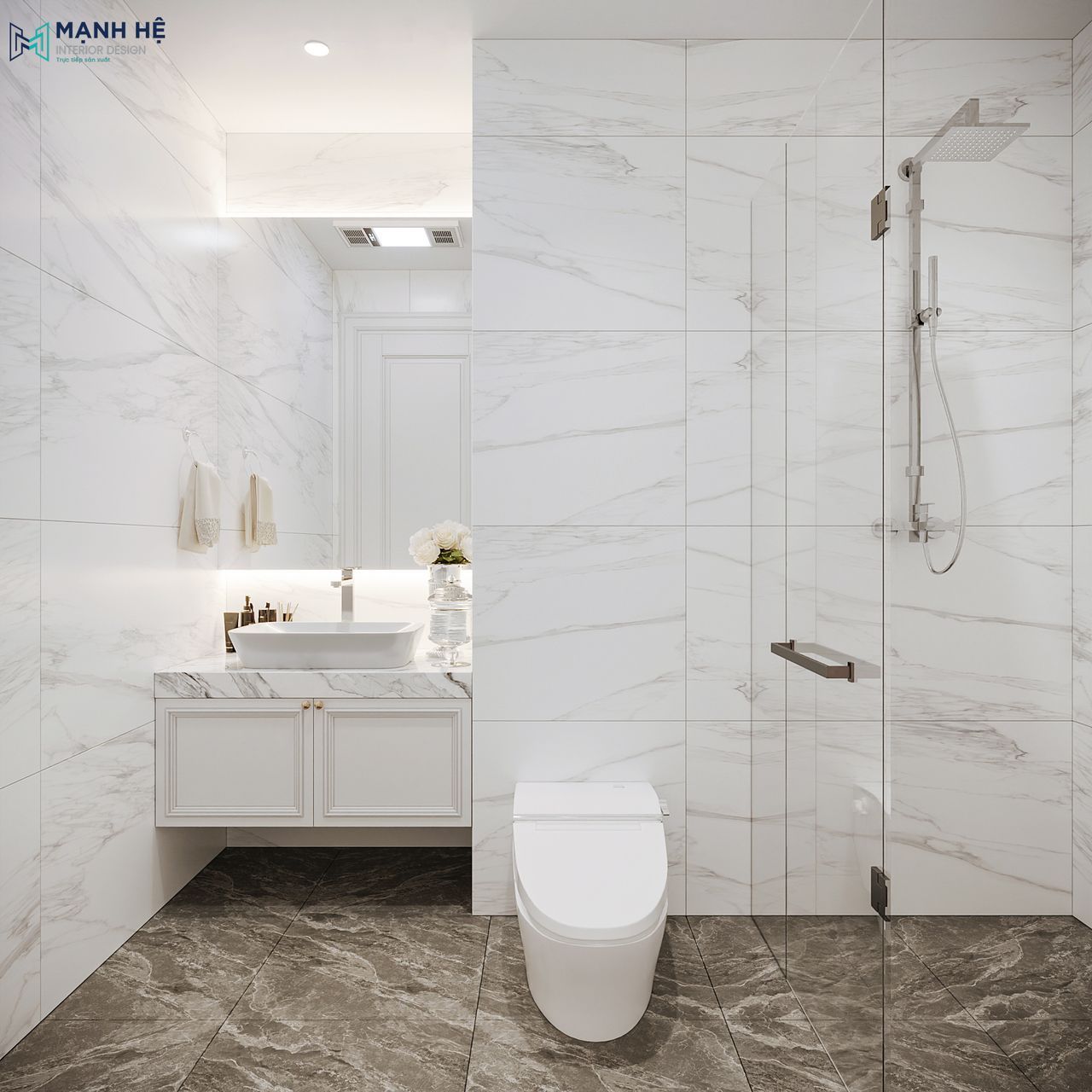 Phòng tắm phòng ngủ 02 với lavabo treo và gạch ốp tường vân mây màu trắng hiện đại