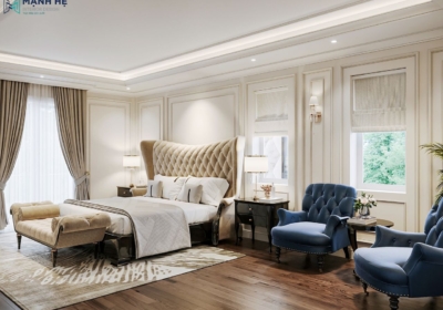 Tổng quan không gian phòng ngủ master mang phong cách tân cổ điển sang trọng nổi bật với góc sofa thư giãn gam màu xanh navy nổi bật