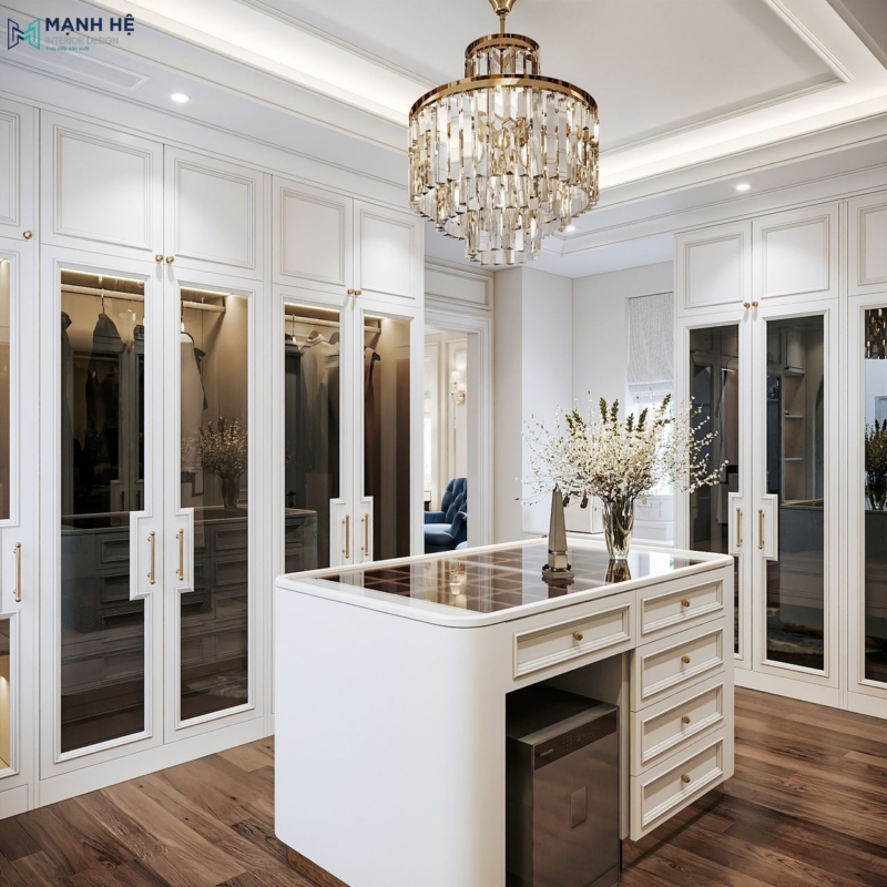Tủ quần áo cánh kính kết hợp đảo tủ trung tâm trong không gian phòng thay đồ tân cổ điển