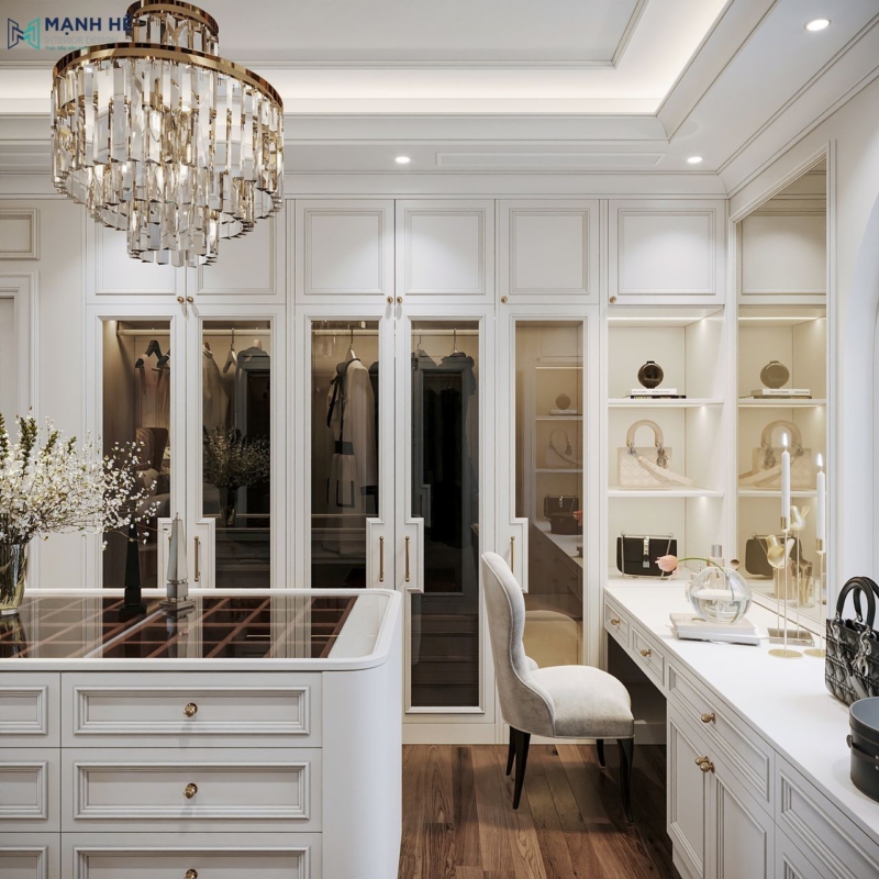 Góc bàn trang điểm kết hợp hệ tủ trưng bày túi xách với ánh sáng dịu nhẹ và thiết kế tân cổ điển thanh lịch