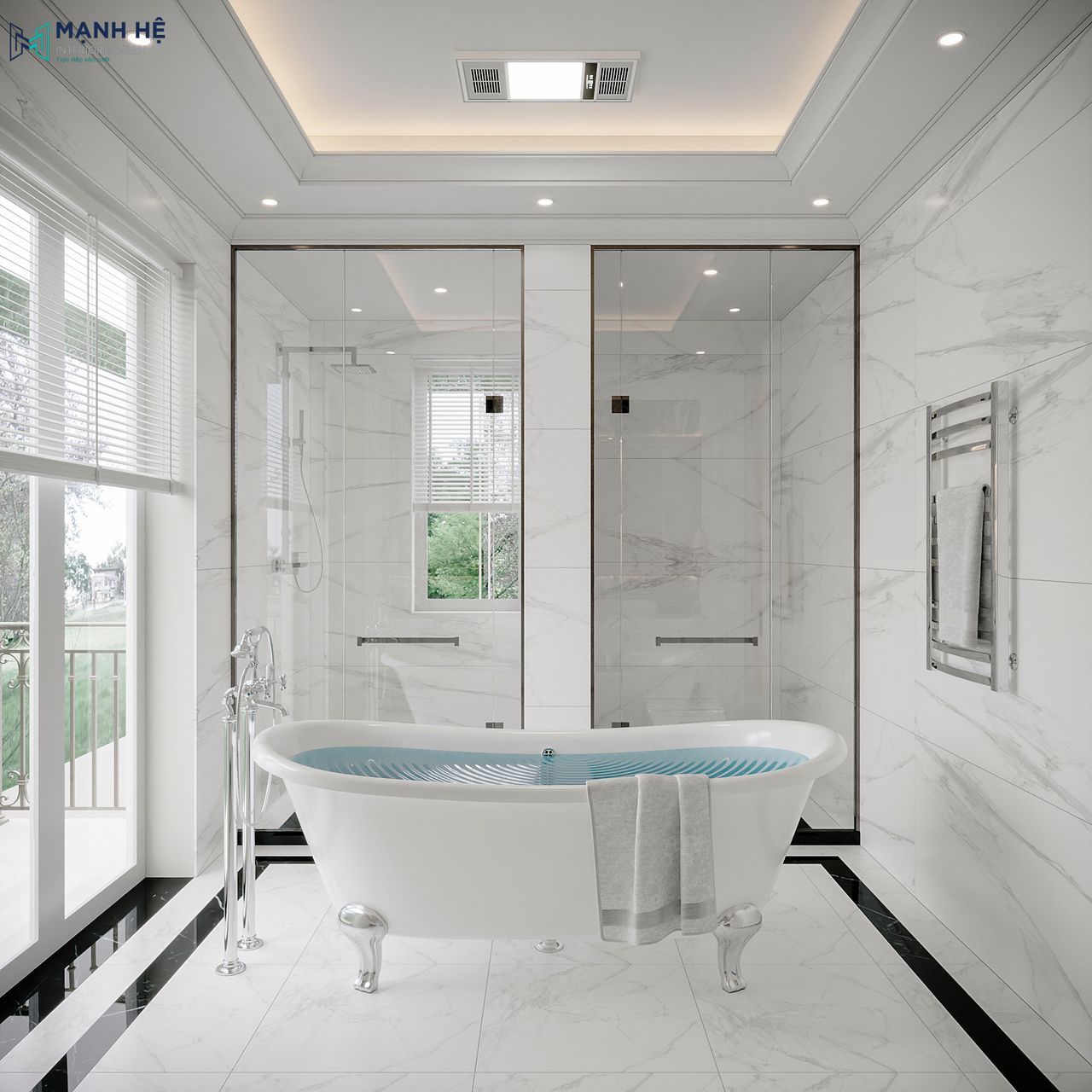 Phòng tắm master biệt thự với bồn tắm tân cổ điển, vách kính và ánh sáng tự nhiên