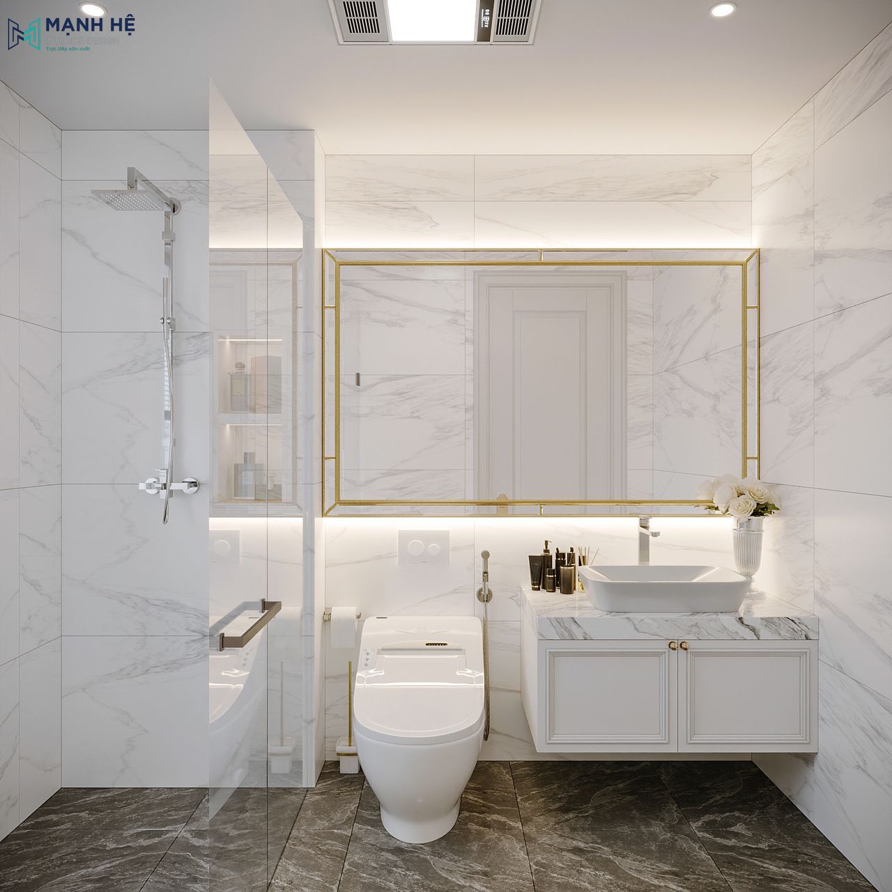 Phòng tắm phòng ngủ 03 với thiết kế gọn gàng, sử dụng tông màu trắng chủ đạo kết hợp gương lớn viền mạ vàng