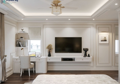 Thiết kế góc làm việc với gam màu trắng đồng bộ, được bố trí ngay cửa sổ giúp tận dụng ánh sáng tự nhiên