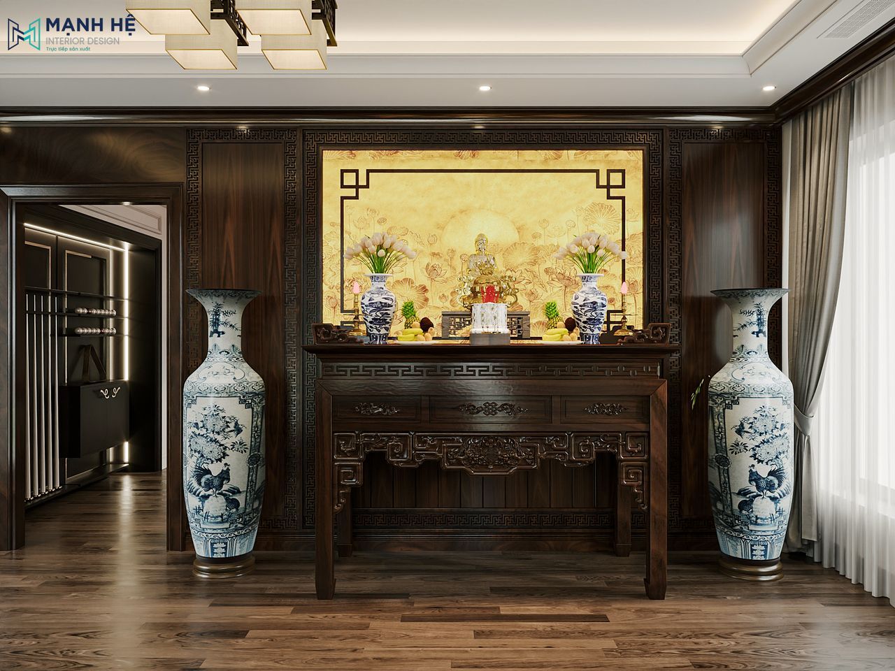 Bàn thờ gỗ truyền thống kết hợp lộc bình sứ trong không gian thờ cúng trang nghiêm và ấm cúng