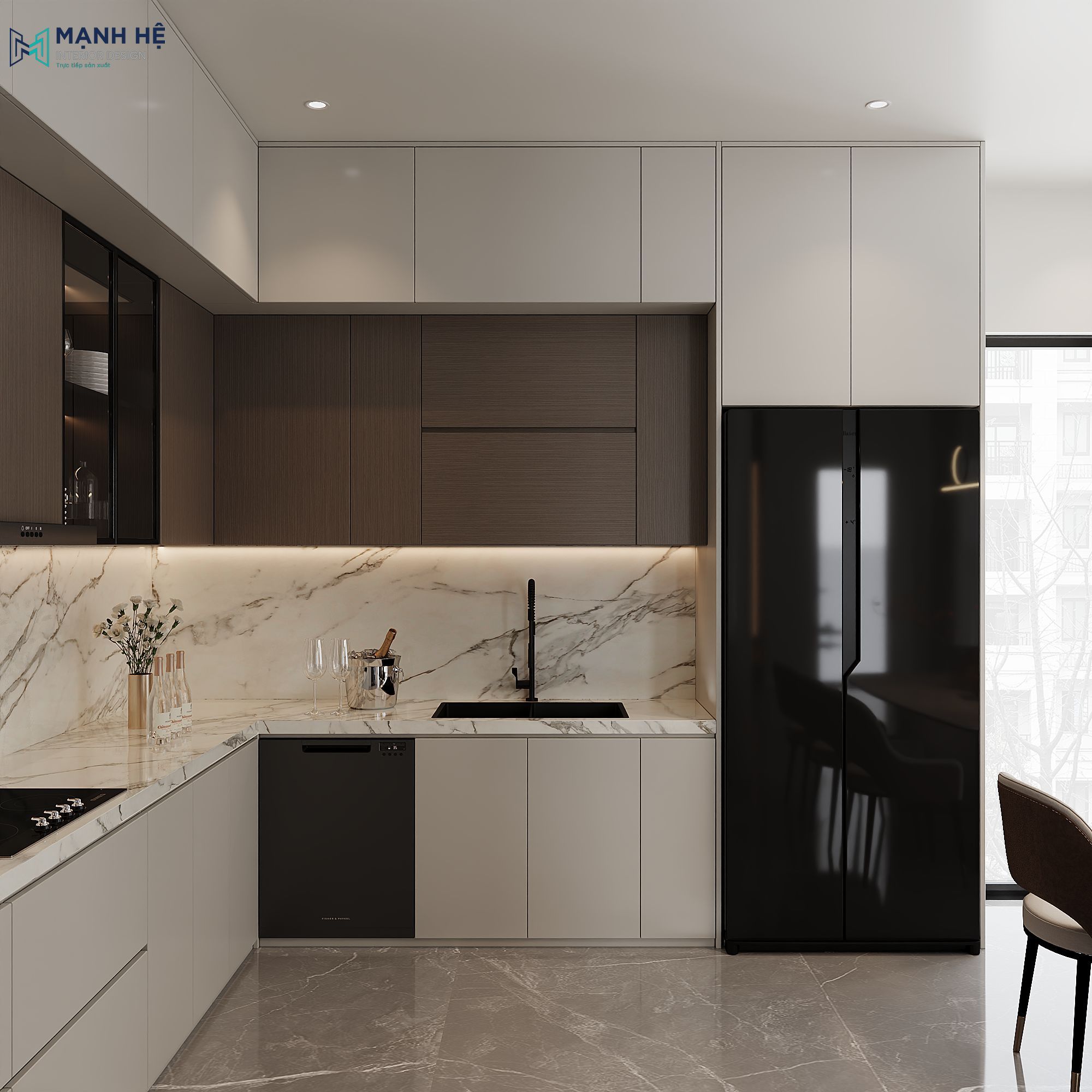 Khu vực bồn rửa tay âm bàn, mặt bếp đá marble, tủ lạnh đen bóng và tủ bếp tối giản