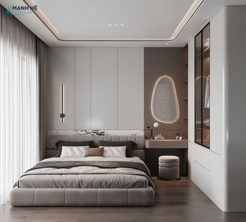 Phòng ngủ master hiện đại với vách đầu giường đá vân mây và bàn trang điểm tích hợp gương LED độc đáo