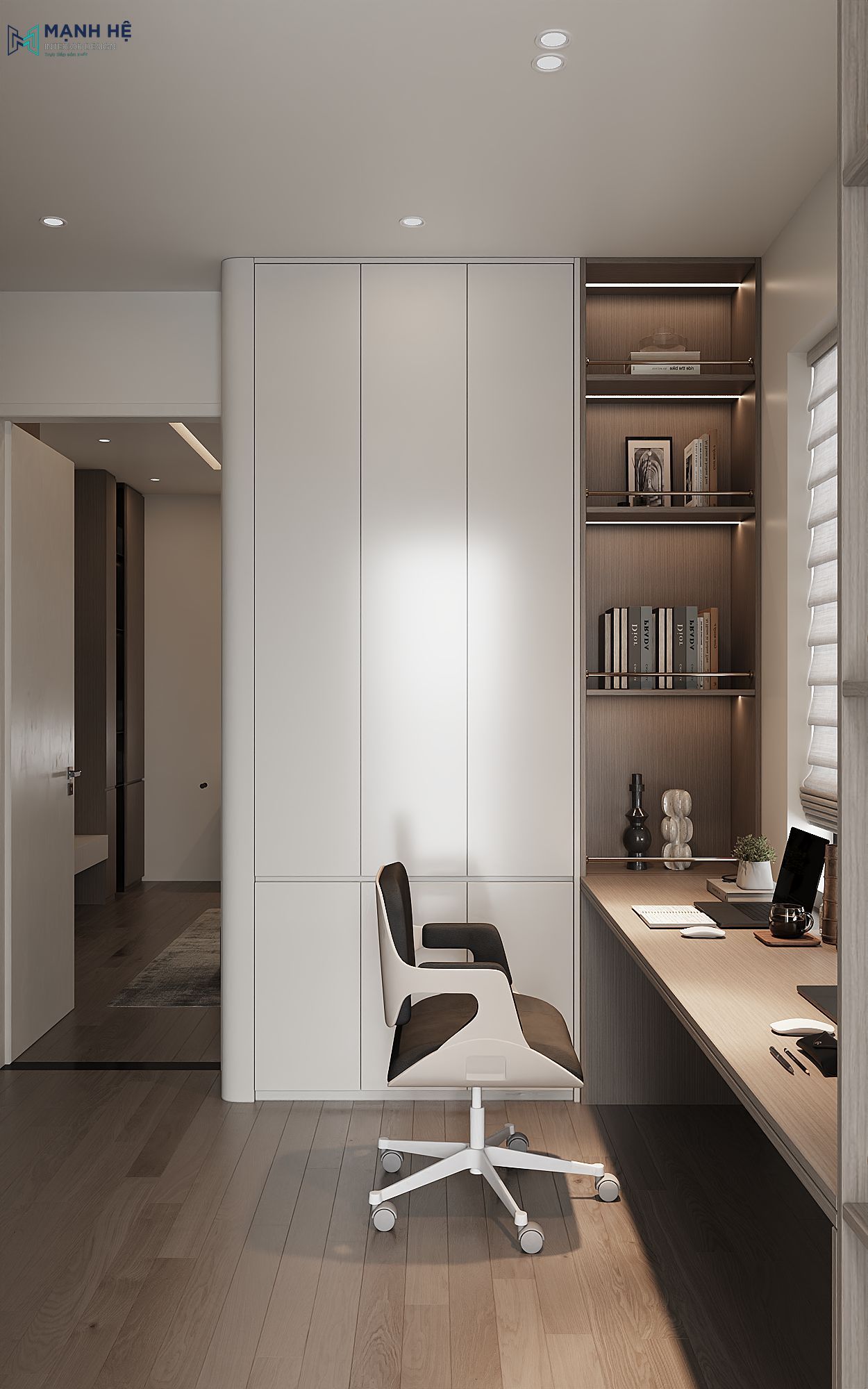 Phòng làm việc với bàn làm việc dài, ghế xoay công thái học và hệ tủ âm tường màu trắng kết hợp giá sách gỗ sang trọng