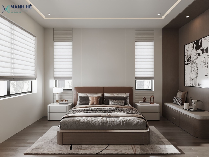 Phòng ngủ hiện đại với cửa sổ đôi và giường bọc nệm tông nâu trung tính