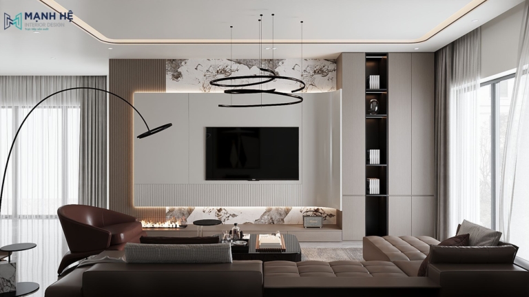 Vách tivi hiện đại ốp đá marble kết hợp hệ tủ âm và đèn led hắt sáng, mang lại vẻ đẹp sang trọng cho phòng khách