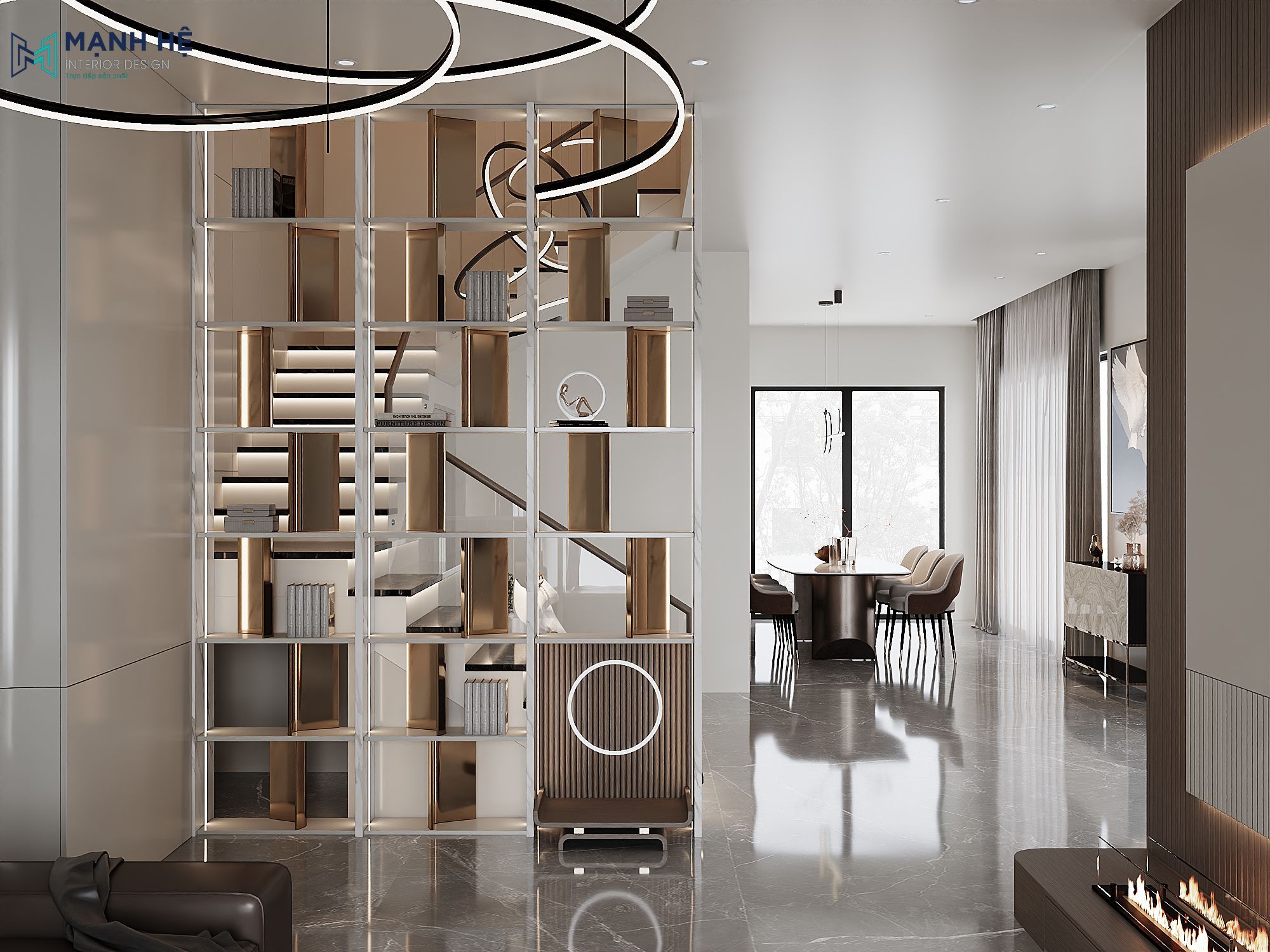 Phòng khách hiện đại với sofa da nâu, ghế bành đỏ đô, bàn trà kính đen và đèn thả tròn độc đáo