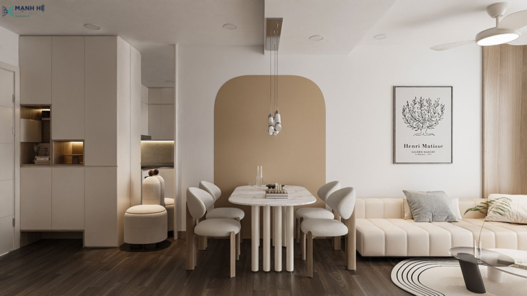 Thiết kế nội thất phòng khách căn hộ 45m² phong cách hiện đại, tông be trắng, kết hợp gỗ ấm