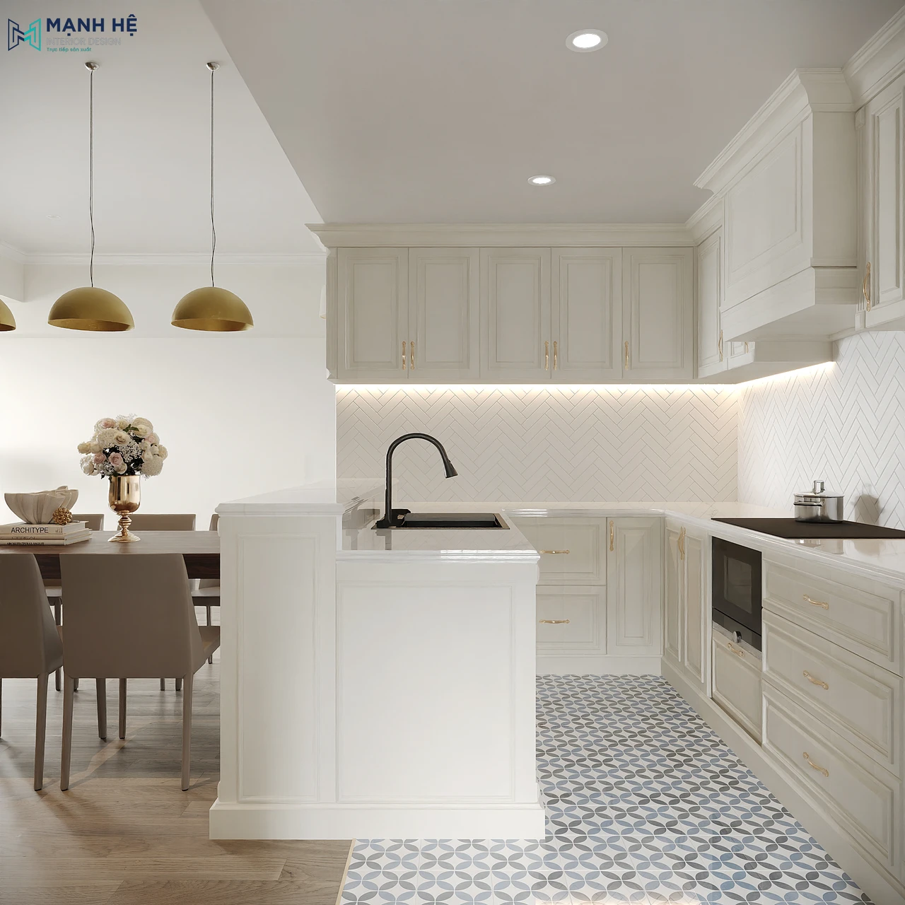 Phòng bếp phong cách Tân cổ điển với tủ bếp chữ U màu trắng kem, mặt đá sáng, tường ốp gạch xương cá và đảo bếp kết hợp khu vực rửa