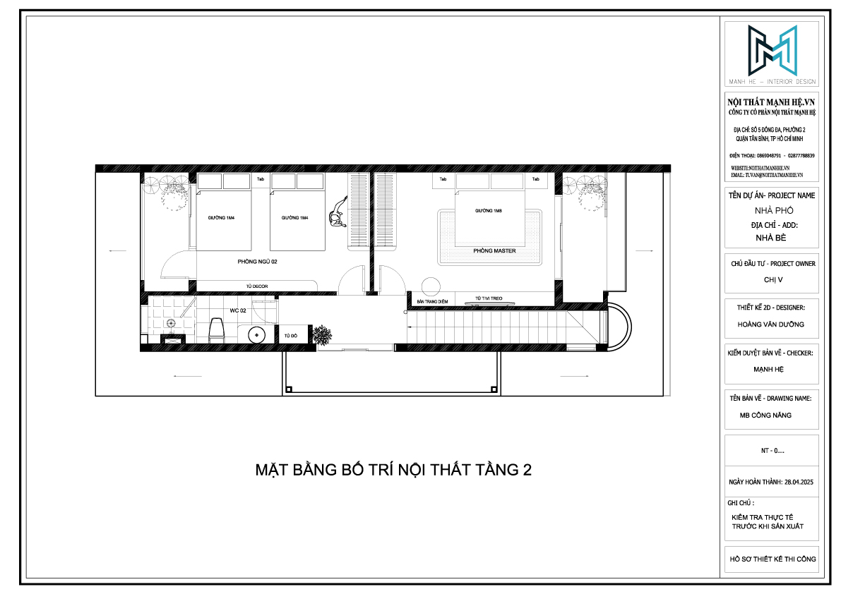 Mặt bằng công năng tầng 2 nhà phố Nhà Bè gồm phòng ngủ master, phòng ngủ phụ và nhà vệ sinh chung.