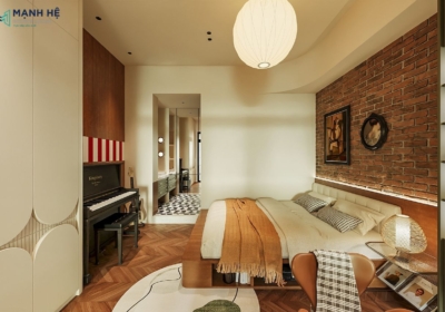 Phòng ngủ phong cách ấm cúng với tường gạch thô, giường gỗ và góc piano trang trí nghệ thuật