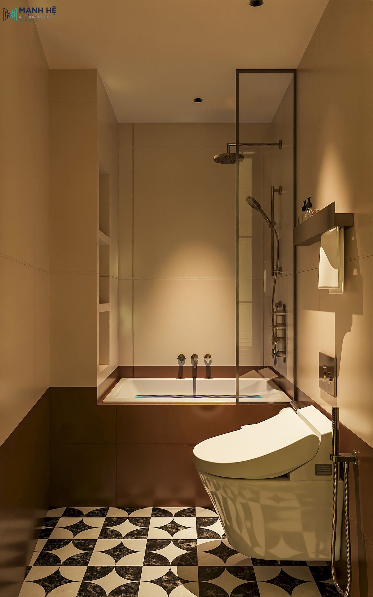 Bồn tắm và bồn vệ sinh ngăn cách bằng kính trong suốt trong phòng tắm phong cách mid century