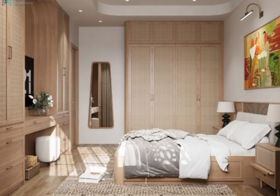 Tủ quần áo và bàn trang điểm với cánh mây đan, gương soi toàn thân trong phòng ngủ master.