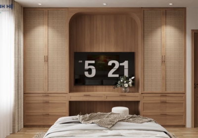 Tủ gỗ tích hợp kệ tivi và bàn trang điểm với thiết kế vòm bo tròn