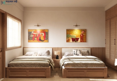 Phòng ngủ đôi với đầu giường ốp gỗ và tranh nghệ thuật Bắc Bộ, ngăn tách không gian với tab đầu giường