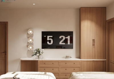 Tủ lưu trữ kịch trần kết hợp kệ tivi và tủ ngăn kéo trong phòng ngủ