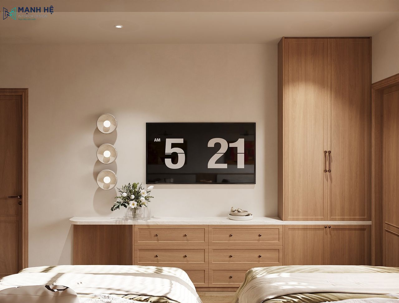 Tủ lưu trữ kịch trần kết hợp kệ tivi và tủ ngăn kéo trong phòng ngủ