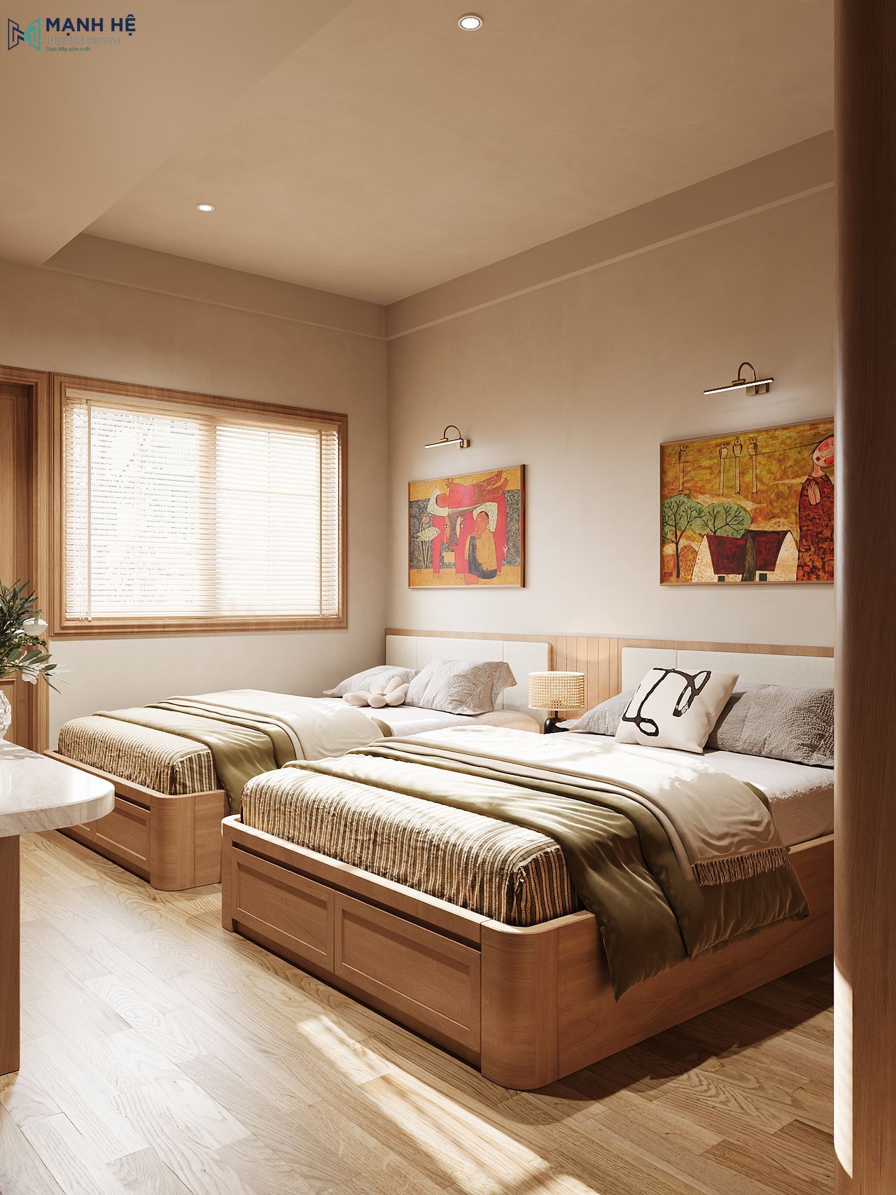 Phòng ngủ đôi nhà phố Nhà Bè với hai giường gỗ bo cong, chăn ga màu trung tính và tranh nghệ thuật Bắc Bộ treo tường