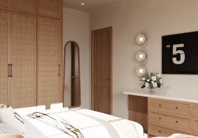 Tủ quần áo kịch trần thiết kế cánh mây đan và gương soi toàn thân cho phòng ngủ.